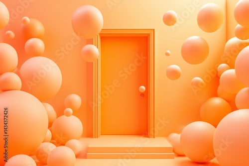 Surreal scene with orange door and floating spheres in monochromatic orange room