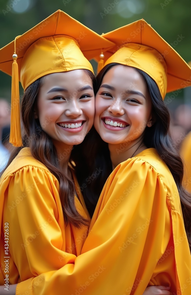 Two happy graduates in yellow caps and gowns embrace on graduation day. Smiling joyful young women celebrate achievement after college studies. Friendship and success concept. Two happy graduates in yellow caps and gowns embrace on graduation day. Smiling joyful young women celebrate achievement after college studies. Friendship and success concept.