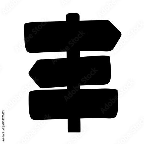 Black silhouette image of a wooden signpostwith three signs on a on a transparent background