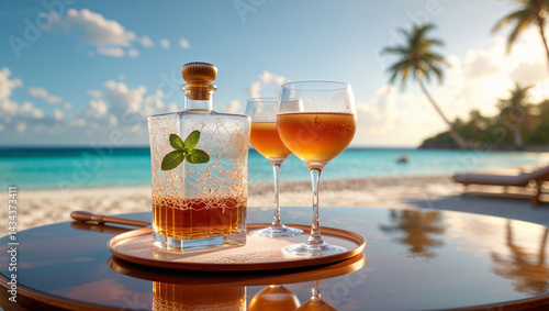 Obraz na płótnie Cuban rum in glasses on a table against the backdrop of a stunning seascape of Cuba w salonie