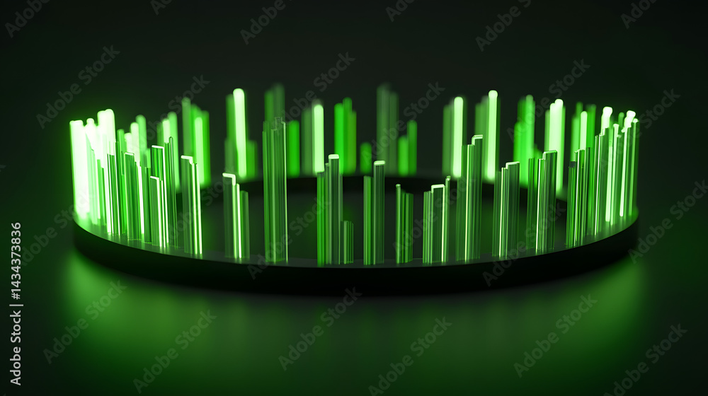 3D rendered abstract diagram of glowing green bars arranged in circular pattern on dark background, creating futuristic and dynamic visual effect