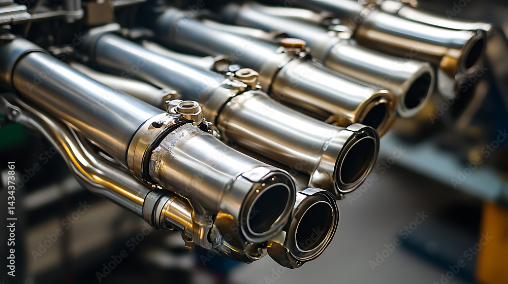 Naklejka premium Mechanical arm assembling automotive exhaust systems in a car factory, organized components and welding stations visible, Exhaust manufacturing style