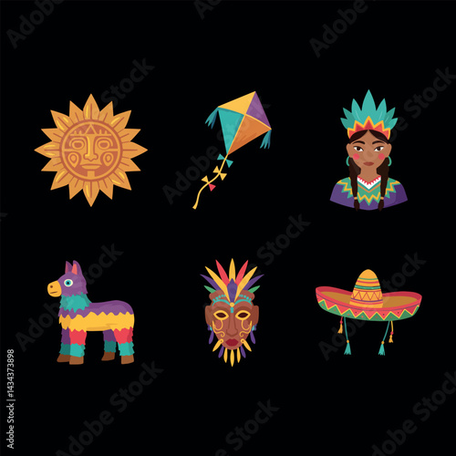 Global Cultural Icons Celebrating Diversity-Inti Raymi, Kite, Woman, Diablada, Piñata, and Cinco de Mayo Icons.