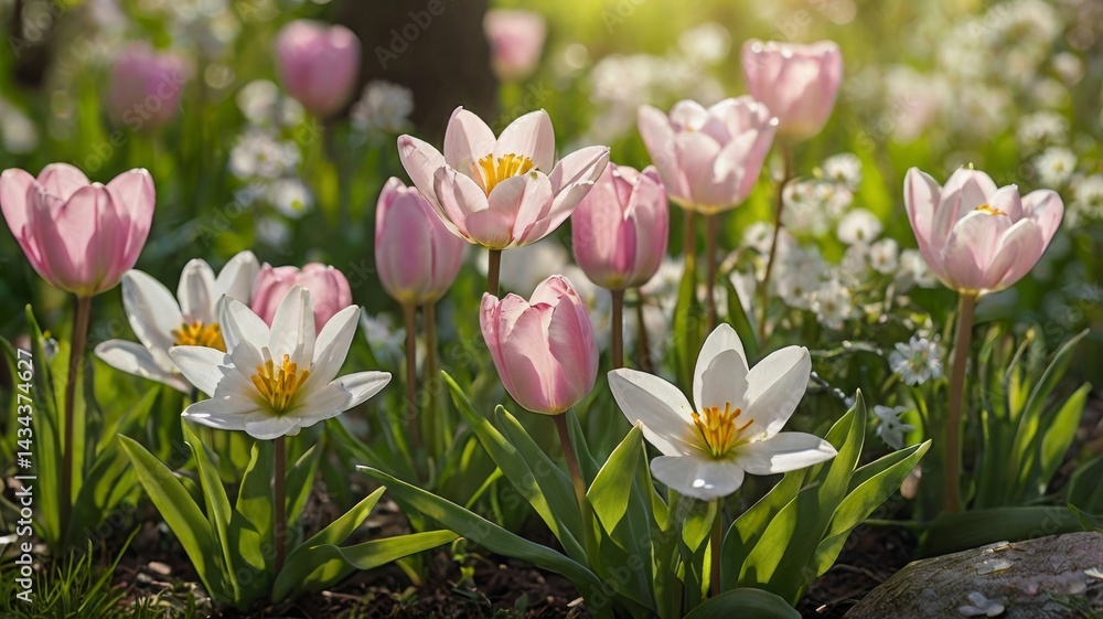 Fototapeta premium Pink and white tulips are blooming in a vibrant spring garden, illuminated by warm sunlight, creating a picturesque scene of natural beauty and renewal