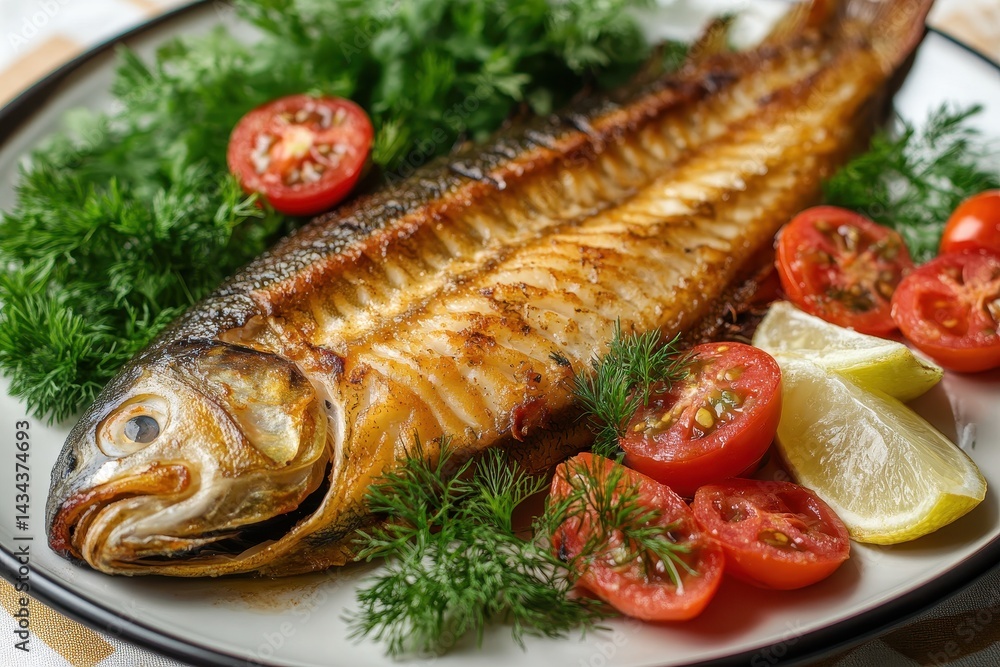 Close up top view of delicious roasted Arctic char fillet with fresh vegetables on a plate Close up top view of delicious roasted Arctic char fillet with fresh vegetables on a plate