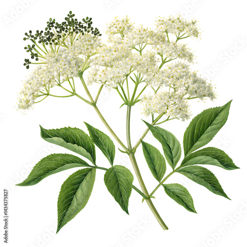 Elderflower botanical illustration on black background