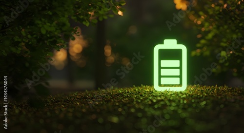 Green battery icon in a forest indicating ecological health