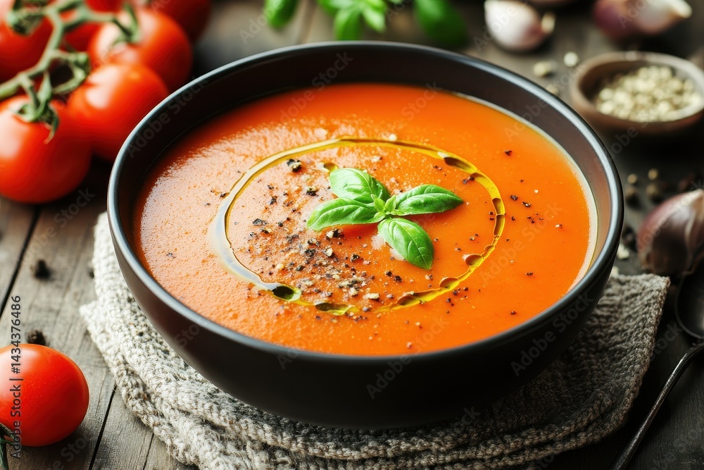 Creamy tomato soup with langoustines featuring onions garlic tomatoes and herbs Creamy tomato soup with langoustines featuring onions garlic tomatoes and herbs