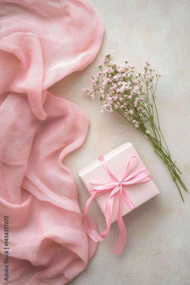 A pink gift box tied with a ribbon, next to a bouquet of baby's breath and pink fabric A pink gift box tied with a ribbon, next to a bouquet of baby's breath and pink fabric