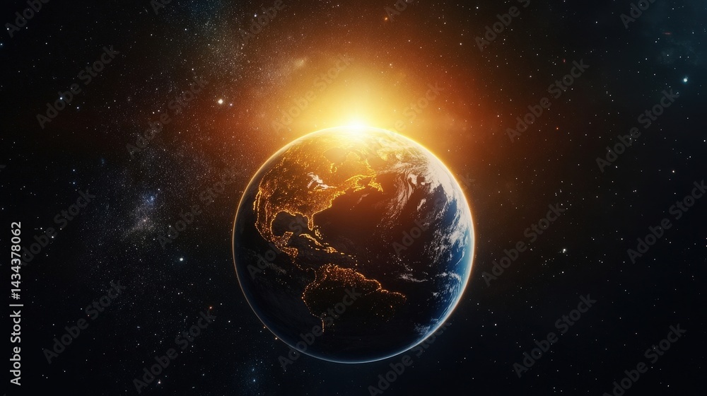 Obraz premium Stunning Earth View in Space with Sunrise Glowing Over the Horizon