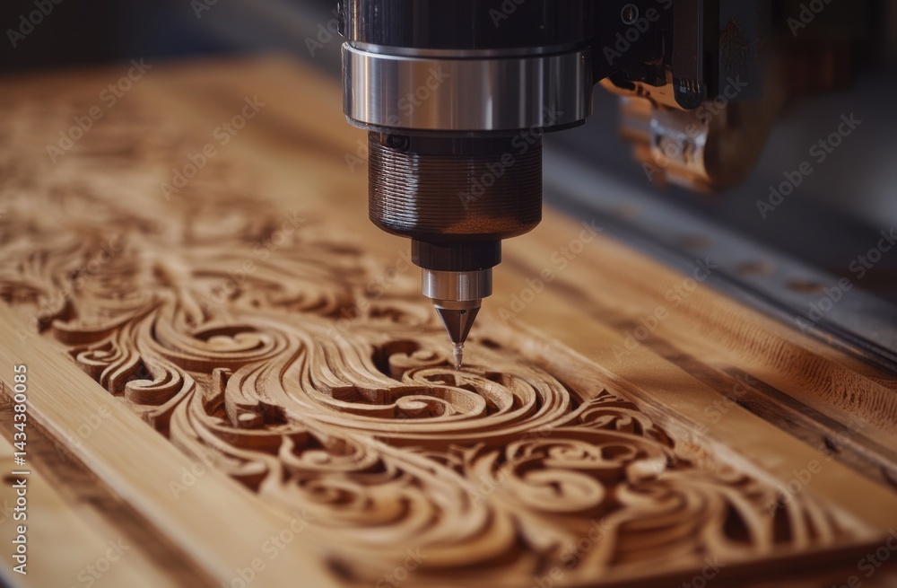 A CNC router carves an intricate design into a piece of wood (1) A CNC router carves an intricate design into a piece of wood (1)
