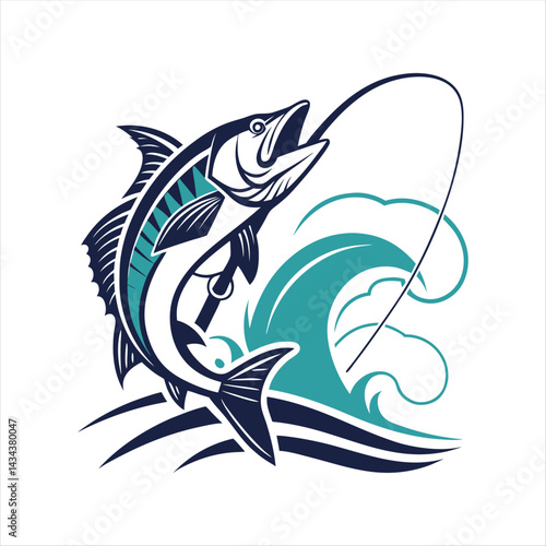 Dynamic Fishing Logo with Leaping Fish and Ocean Waves.