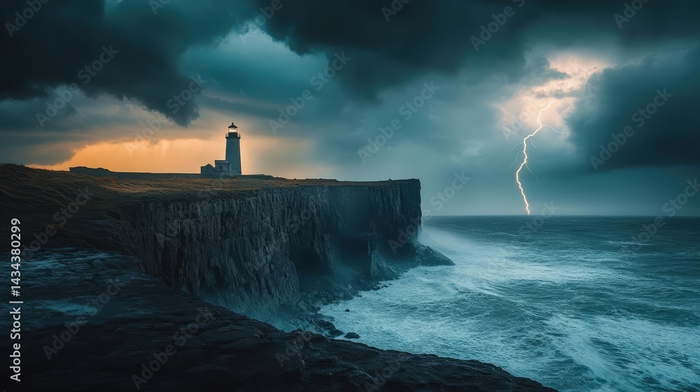 Fototapeta premium A lighthouse stands tall against stormy skies and crashing waves, lighting the way through the dark and turbulent weather ahead.