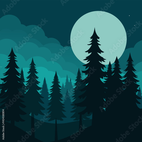 A dense forest with towering pine trees in silhouette against a full moon., trees in the forest	
