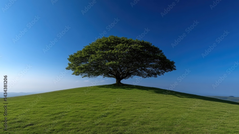 Obraz premium Solitary tree on grassy hilltop under a clear sky