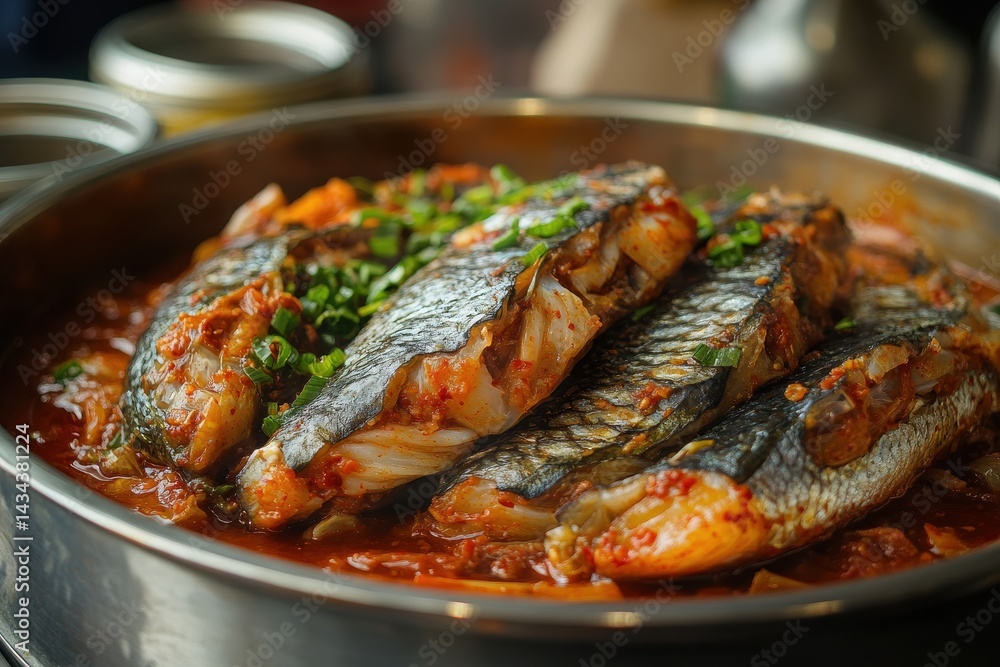 Detailed shot of steamed saury and aged kimchi in a metal pot beside an empty jar South Korea Detailed shot of steamed saury and aged kimchi in a metal pot beside an empty jar South Korea