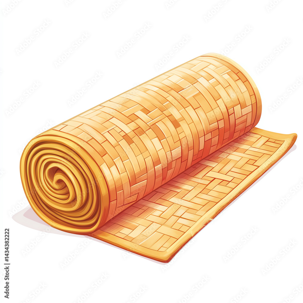 A vibrant rolled straw mat with intricate weaving, perfect for home decor, picnics, and outdoor events, adding a touch of warmth.