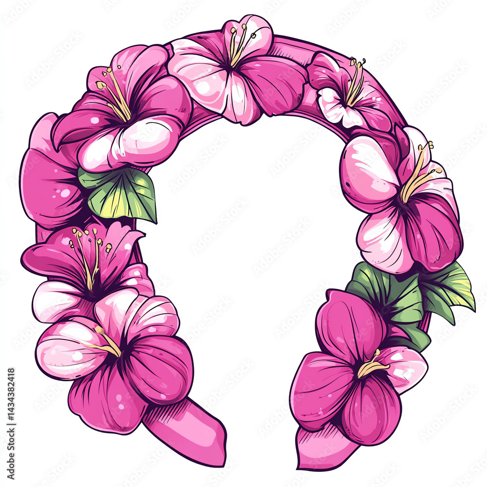Vibrant illustration of a pink floral headband adorned with lush flowers, perfect for a cheerful accessory or decoration.