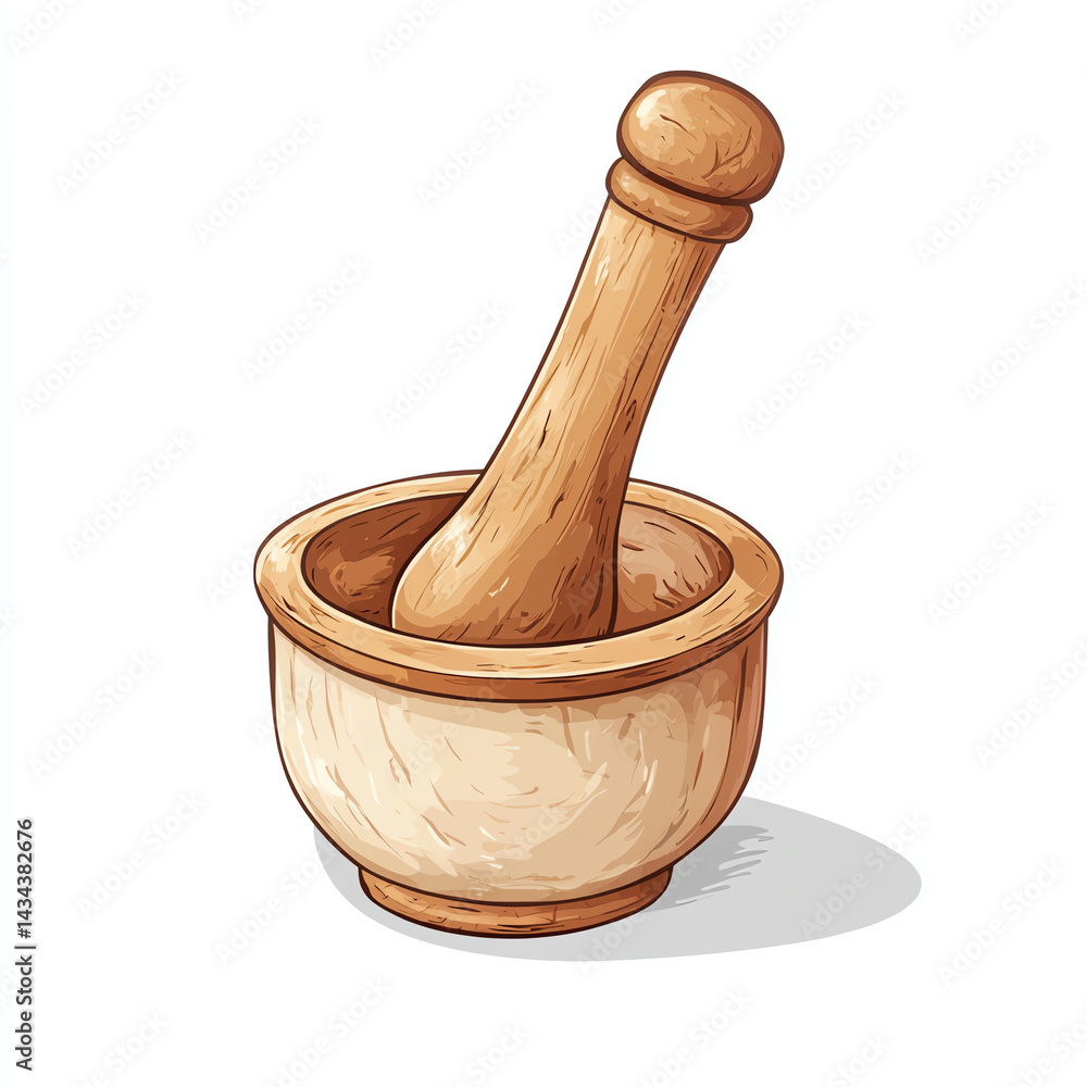 A wooden mortar and pestle used for grinding spices and herbs, showcasing traditional cooking tools in a minimalist design.