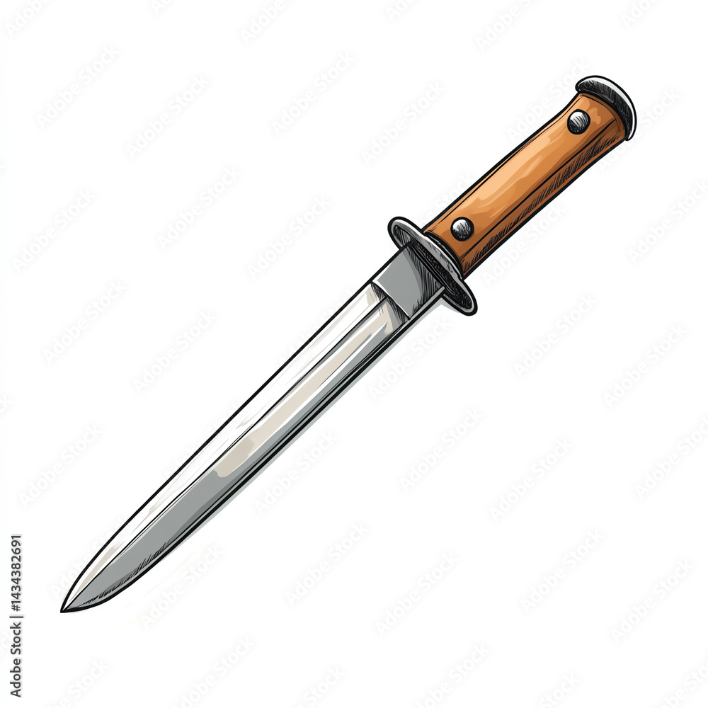 Realistic illustration of a dagger with a wooden handle and shiny blade. Perfect for design, art, or educational purposes.