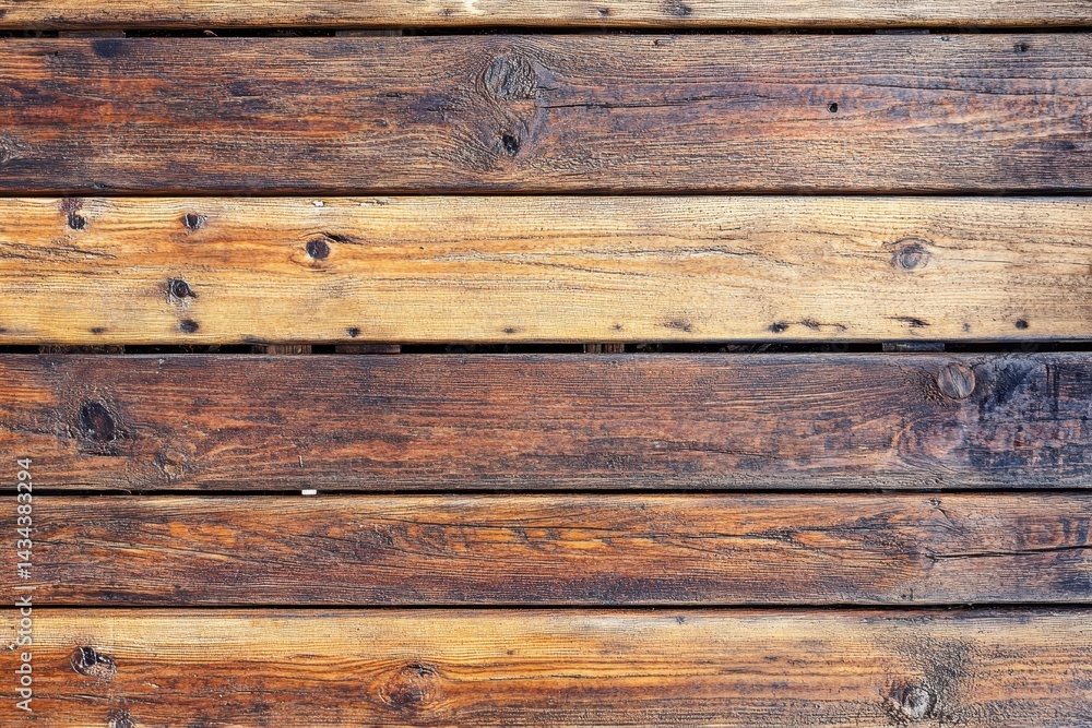 Obraz premium DIY wood staining Brush painting a wooden patio deck with brown oak varnish outdoors Deck renovations Blank area