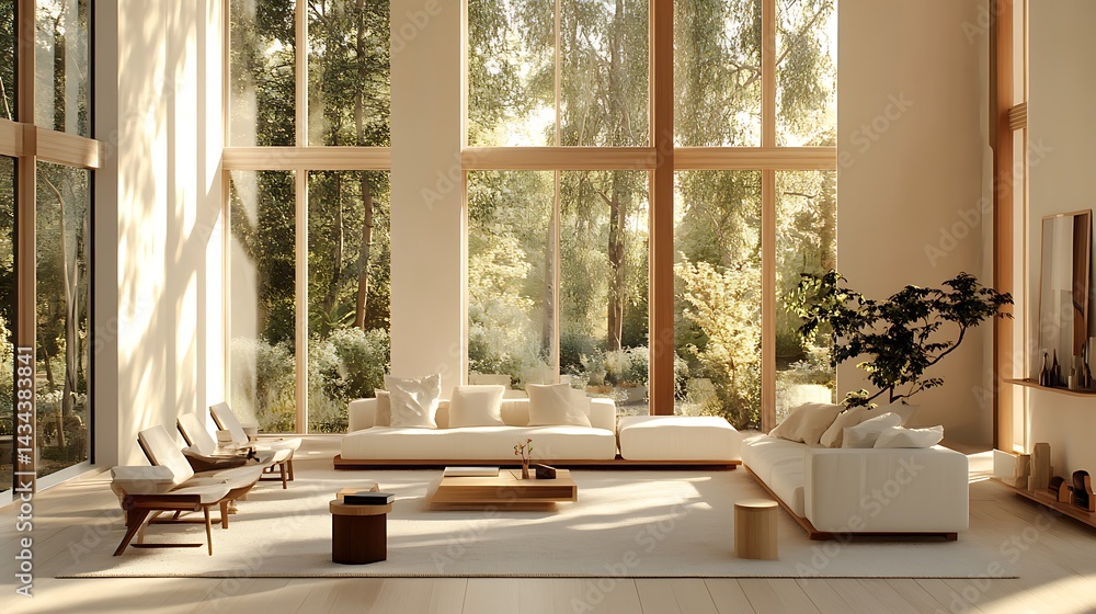 Fototapeta premium Sun-drenched modern living room with expansive views.