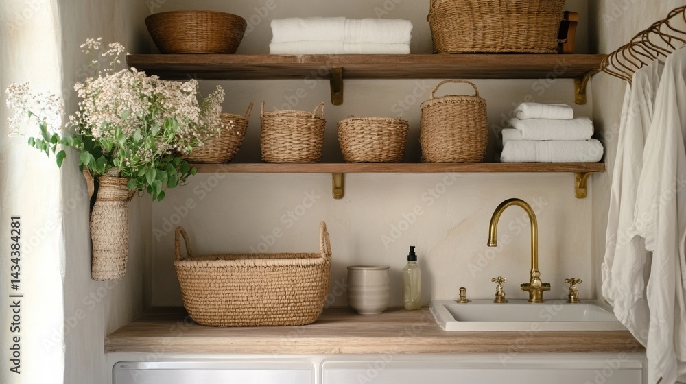 Obraz premium A close-up shot of the laundry room, showcasing floating shelves with wicker baskets and white towels on top