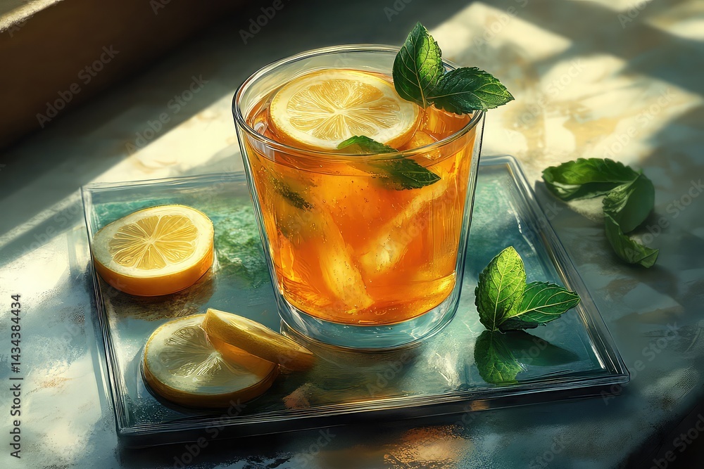 herbal tea served in a glass with mint leaves and lemon slices herbal tea served in a glass with mint leaves and lemon slices