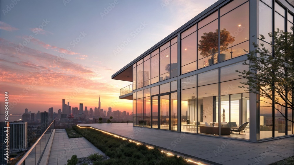 Sunset Cityscape Penthouse Glass Architecture, Rooftop Terrace, Urban View Sunset Cityscape Penthouse Glass Architecture, Rooftop Terrace, Urban View