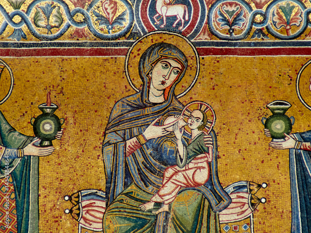Naklejka premium Statue of the Virgin Mary with Jesus breastfeeding her. Church of Santa Maria in Trastevere, one of the oldest basilicas in Rome.