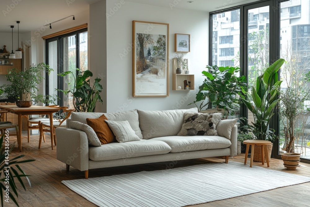 Fototapeta premium Modern, light-filled living room with plants and neutral tones.