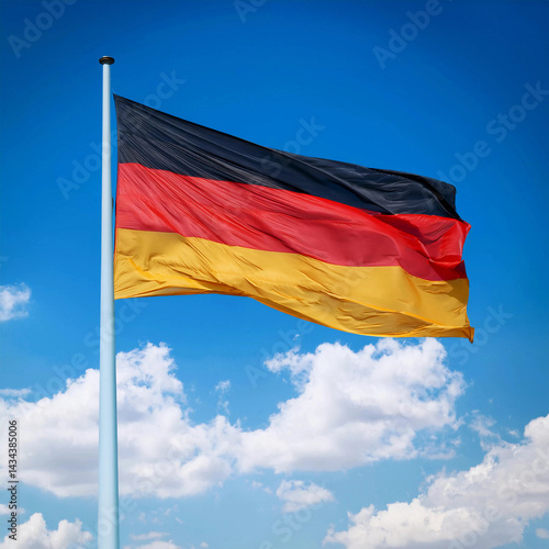 German flag waving proudly against a clear blue sky with fluffy clouds