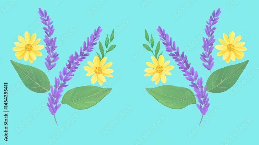 Fototapeta premium Minimalistic icons featuring lavender sprigs, bright yellow daisies, and subtle green leaves, arranged symmetrically on a radiant aqua background for sleek web designs.