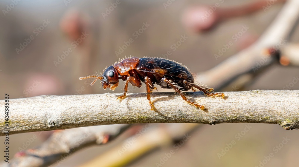 Fototapeta premium Beetle walking branch spring orchard macro
