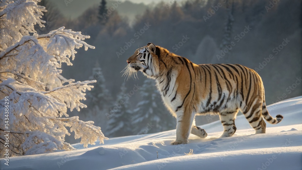 Fototapeta premium Tiger Walk, Snow Scene, Winter landscape, Tiger , Snow, Frozen Tree, Majestic tiger striding in snowy landscape with hoar frost