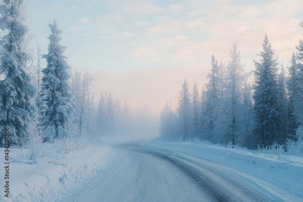 Snowy winter road through forest with frosty trees and morning mist Snowy winter road through forest with frosty trees and morning mist