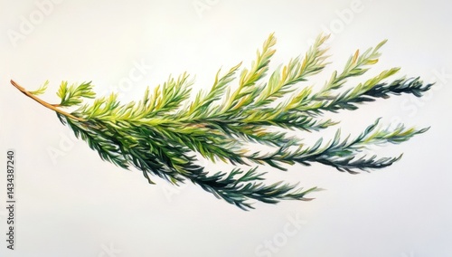 A single branch of lush green foliage with feathery leaves extends to the right, painted in a realistic style against a white background