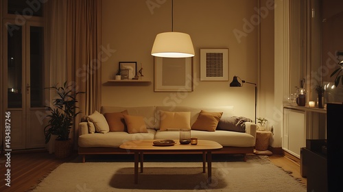 Warm, inviting living room interior at night.