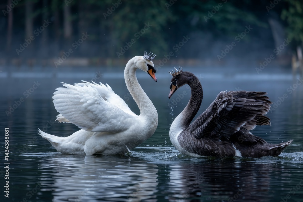 Fototapeta premium Graceful Swans Interacting on Calm Water with Misty Background 
