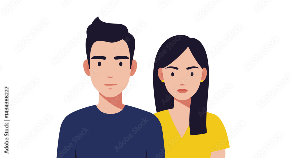 Fototapeta premium Couple posing together with neutral expressions on white background 