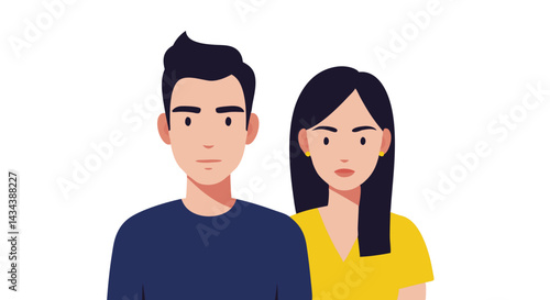 Couple posing together with neutral expressions on white background  