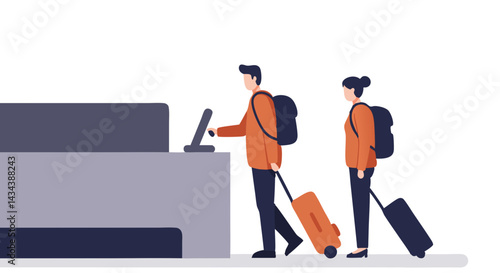 Two travelers checking in at an airport counter  