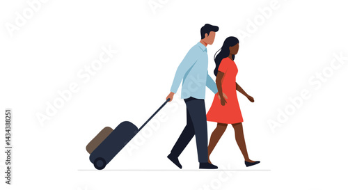 Couple traveling together with luggage on a white background  