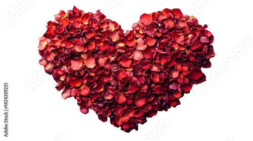Heart-shaped red rose petals gently scattered, ideal for romantic or floral designs isolated on white background