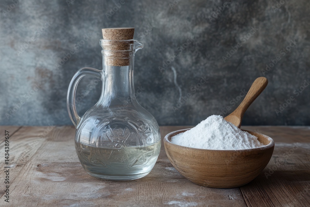 Glass jar with vinegar and bowl with baking soda Glass jar with vinegar and bowl with baking soda