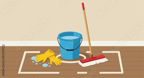 Mockup of cleaning supplies arranged on floor with a bucket, mop, and pair of yellow gloves, for spring cleaning graphic design resources