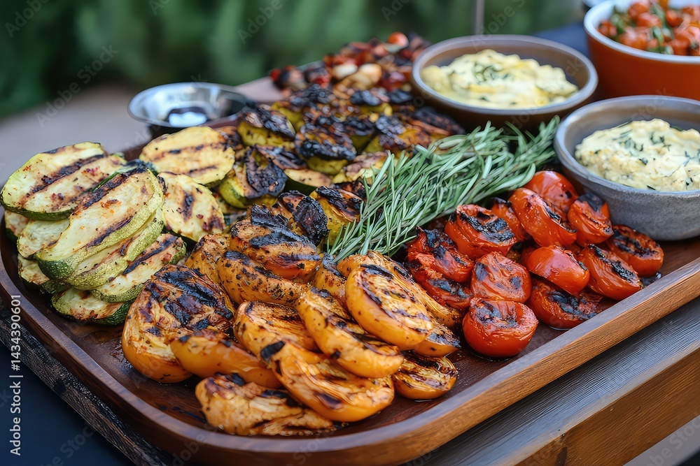 table setting with a Mediterranean feast featuring grilled vegetables and dips table setting with a Mediterranean feast featuring grilled vegetables and dips