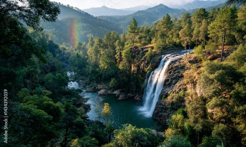 Waterfall cascading into a tranquil pool, lush forest surrounding