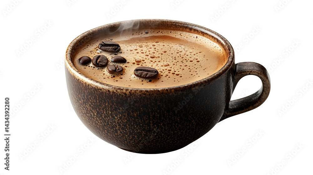 Fototapeta premium Hot Americano coffee served in ceramic cup, aromatic steam rising, isolated on white background