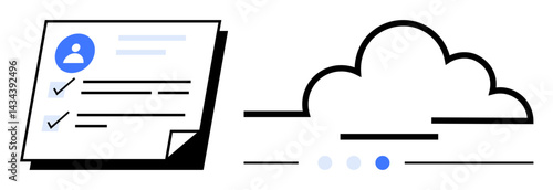 Document with checklist and profile icon next to simplified cloud graphic suggesting cloud storage and data transfer. Ideal for cloud computing, file sharing, data synchronization, digital storage